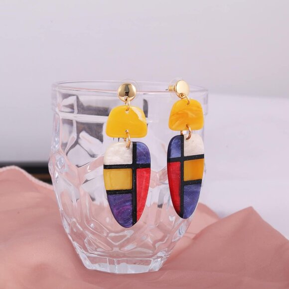 Women's Resin Plaid Boho Statement Dangle Earrings Multicolor Costume Jewelry - Picture 5 of 6